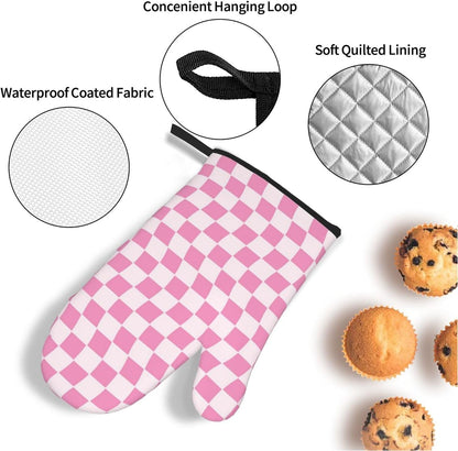 Pink Geometric Checkered Oven Mitts and Pot Holders Sets of 4, Non-Slip Heat Resistant Polyester Cooking Gloves Country Style Oven Mitts for Kitchen Baking Grilling BBQ