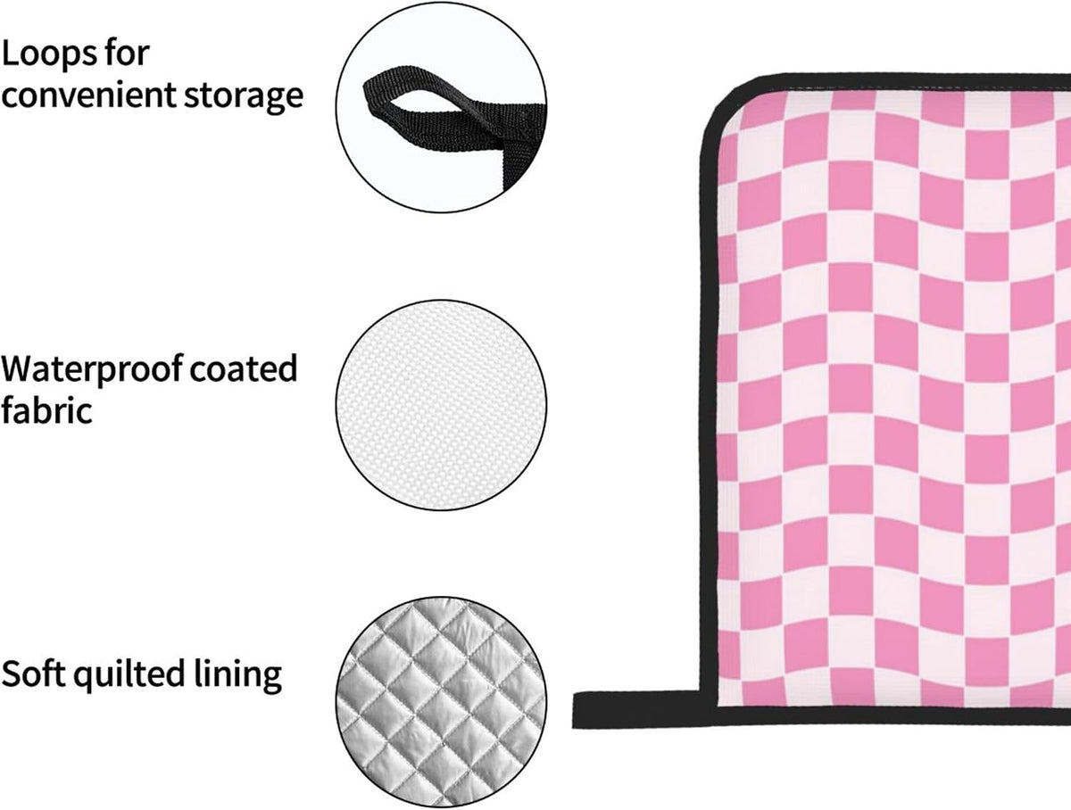 Pink Geometric Checkered Oven Mitts and Pot Holders Sets of 4, Non-Slip Heat Resistant Polyester Cooking Gloves Country Style Oven Mitts for Kitchen Baking Grilling BBQ
