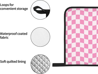 Pink Geometric Checkered Oven Mitts and Pot Holders Sets of 4, Non-Slip Heat Resistant Polyester Cooking Gloves Country Style Oven Mitts for Kitchen Baking Grilling BBQ