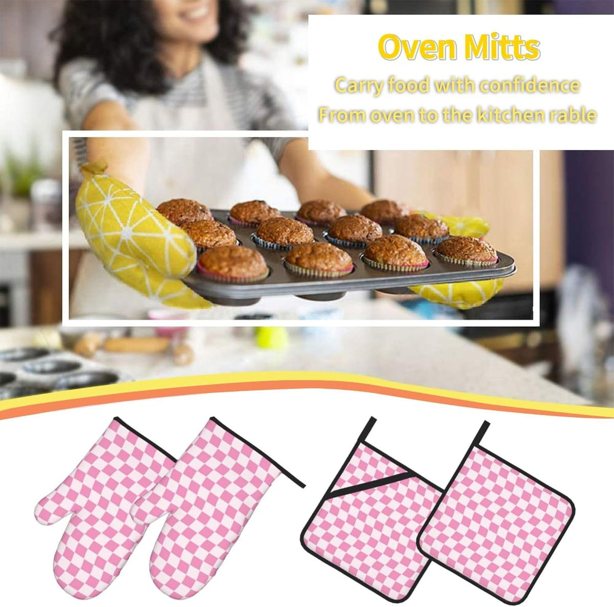 Pink Geometric Checkered Oven Mitts and Pot Holders Sets of 4, Non-Slip Heat Resistant Polyester Cooking Gloves Country Style Oven Mitts for Kitchen Baking Grilling BBQ