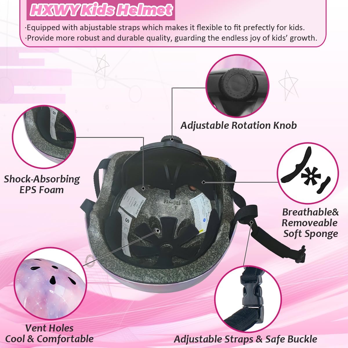 Kids Bike Helmet for Girls Toddler Youth CPSC Certified, Adjustable Starry Pink Protective Helmets for Multi-Sports Cycling Skateboard Scooter Skating