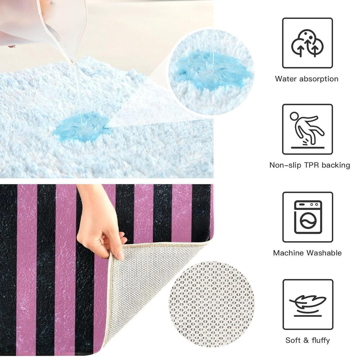 Black Rosy Pink Stripes Bathroom Rug, Non Slip Dry Quickly Bath Mat, Absorbent Soft Bath Rug, Home Decor Accessories, 24"x16"
