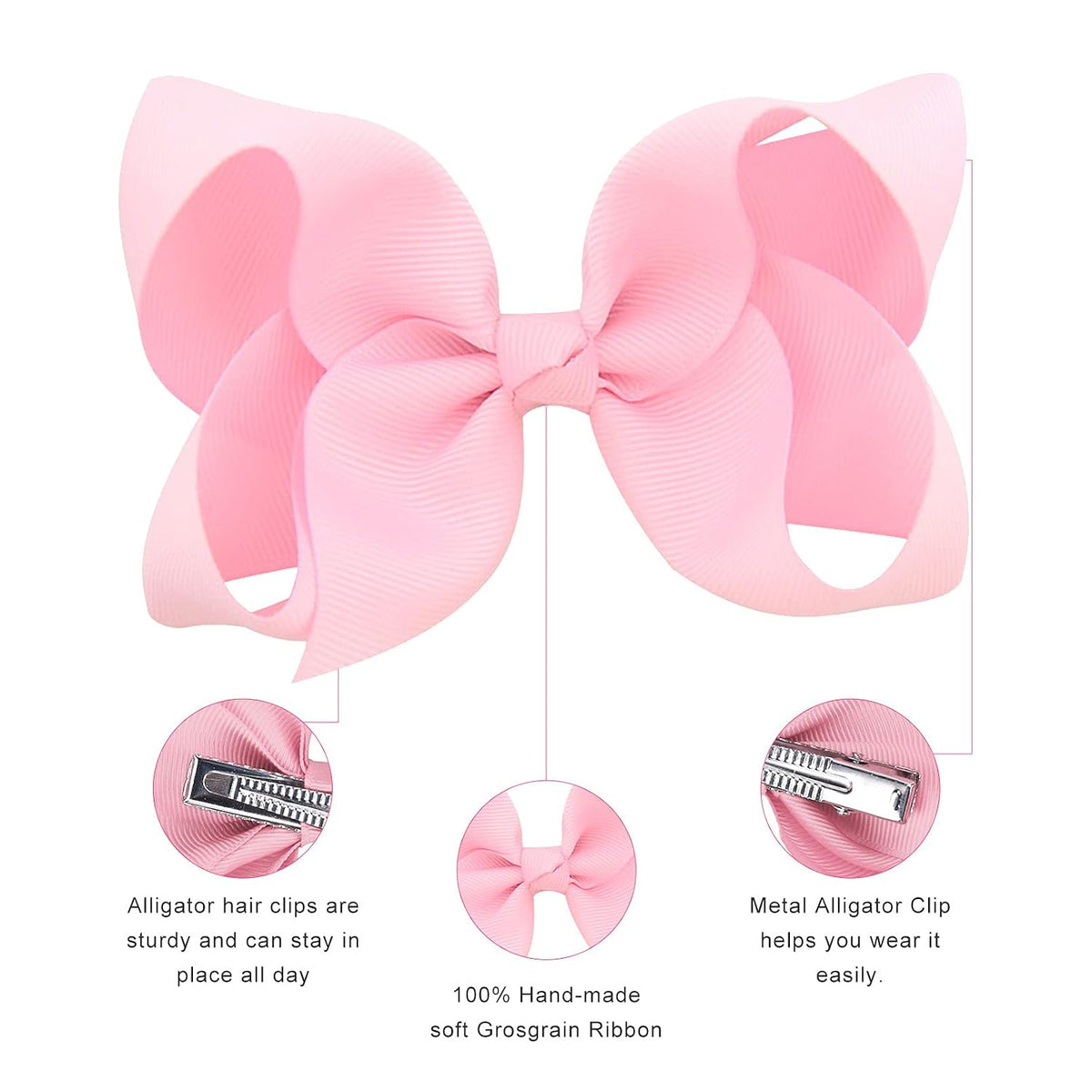 16 PCS 4" Hand-made Hair Bow Grosgrain Ribbon Solid Color Hair Bow Alligator Clips Hair Accessories for Little Teen Toddler Girls -Light Pink