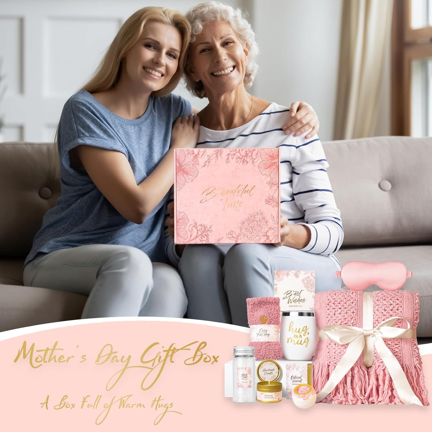 Gift Basket for Women, Self Care Set with Knitted Throw - Care Pkg - Pink | for Women Mom Her Friend Sister Wife Grandma Fringe Blanket, Spa Bath Bombs Candle Soap Sea Salt, Birthday Get Well