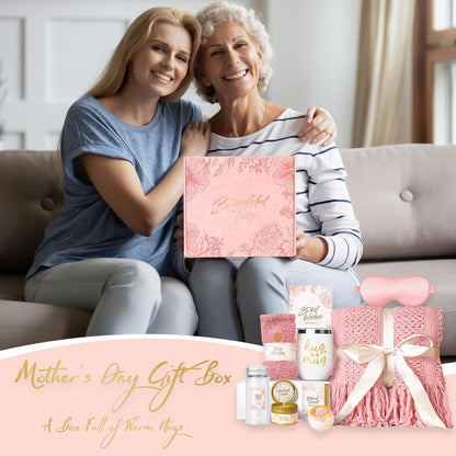Gift Basket for Women, Self Care Set with Knitted Throw - Care Pkg - Pink | for Women Mom Her Friend Sister Wife Grandma Fringe Blanket, Spa Bath Bombs Candle Soap Sea Salt, Birthday Get Well
