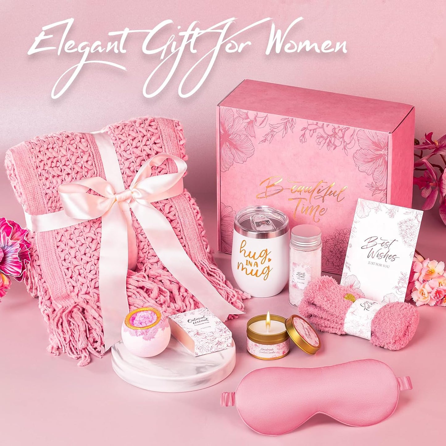 Gift Basket for Women, Self Care Set with Knitted Throw - Care Pkg - Pink | for Women Mom Her Friend Sister Wife Grandma Fringe Blanket, Spa Bath Bombs Candle Soap Sea Salt, Birthday Get Well