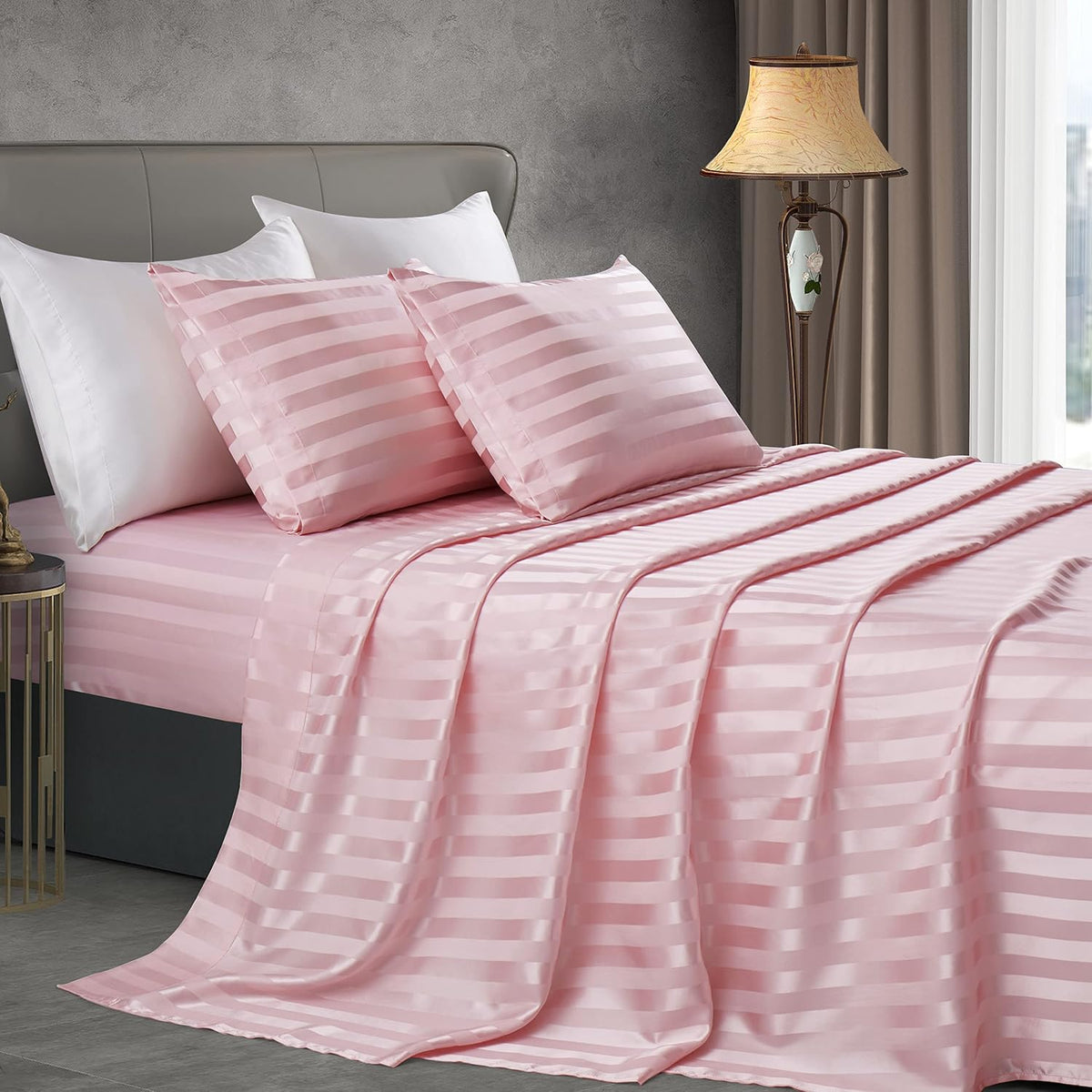 Blush Pink Satin Striped Queen Sheets 4 Piece - Cooling Bedding
