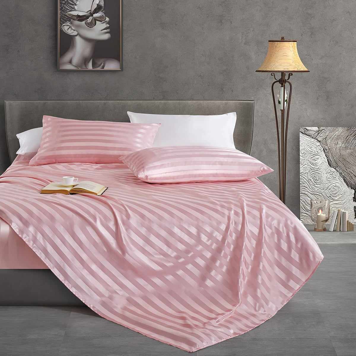 Blush Pink Satin Striped Queen Sheets 4 Piece - Cooling Bedding
