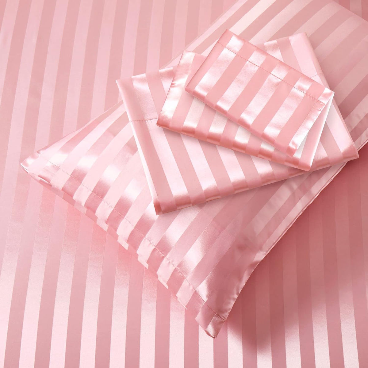Blush Pink Satin Striped Queen Sheets 4 Piece - Cooling Bedding