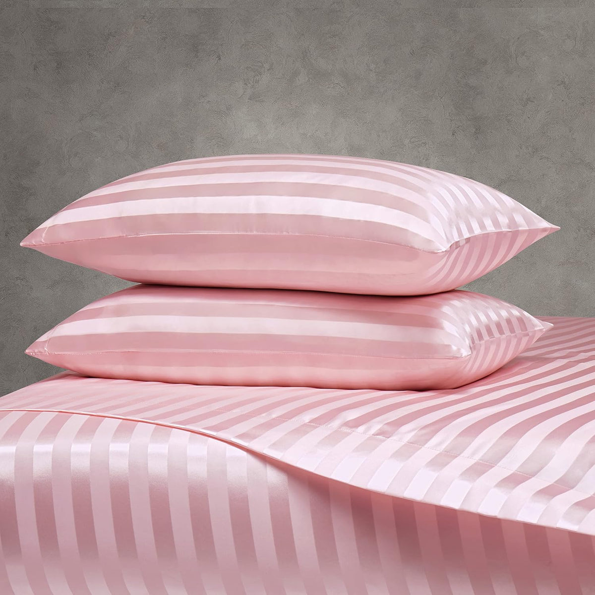 Blush Pink Satin Striped Queen Sheets 4 Piece - Cooling Bedding