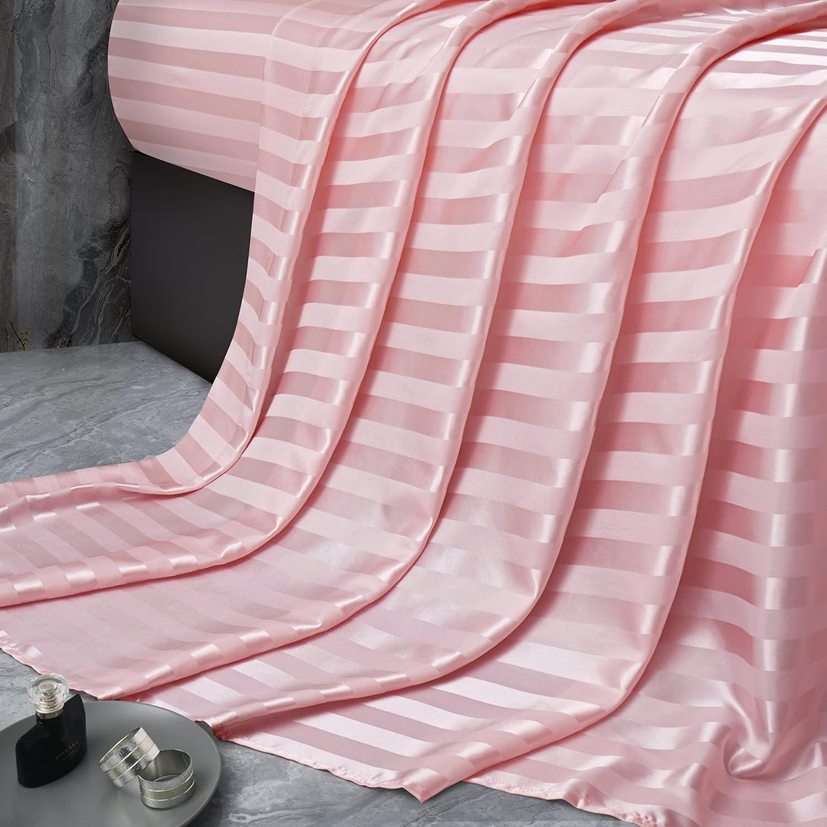 Blush Pink Satin Striped Queen Sheets 4 Piece - Cooling Bedding