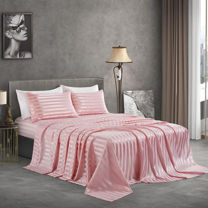 Blush Pink Satin Striped Queen Sheets 4 Piece - Cooling Bedding
