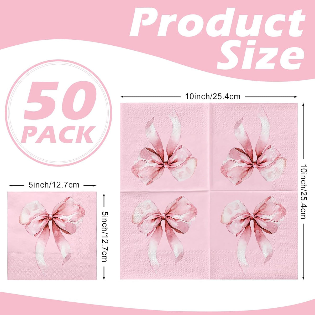 50 Pcs Bow Napkin Paper, 3 Ply Disposable Pink with Cute Bows Deisgn Luncheon Cocktail Dinner Paper Napkins for Baby Girls, 5 x 5 Inch