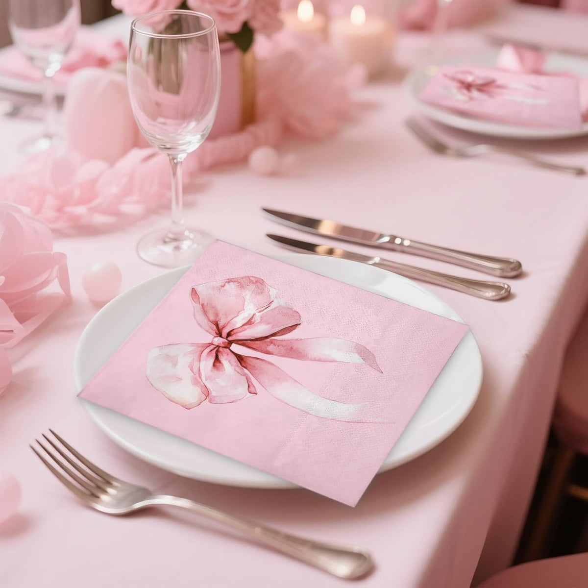 50 Pcs Bow Napkin Paper, 3 Ply Disposable Pink with Cute Bows Deisgn Luncheon Cocktail Dinner Paper Napkins for Baby Girls, 5 x 5 Inch