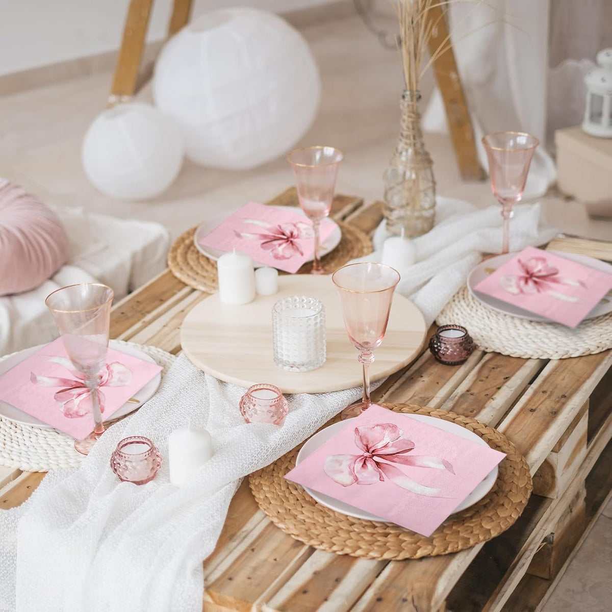 50 Pcs Bow Napkin Paper, 3 Ply Disposable Pink with Cute Bows Deisgn Luncheon Cocktail Dinner Paper Napkins for Baby Girls, 5 x 5 Inch