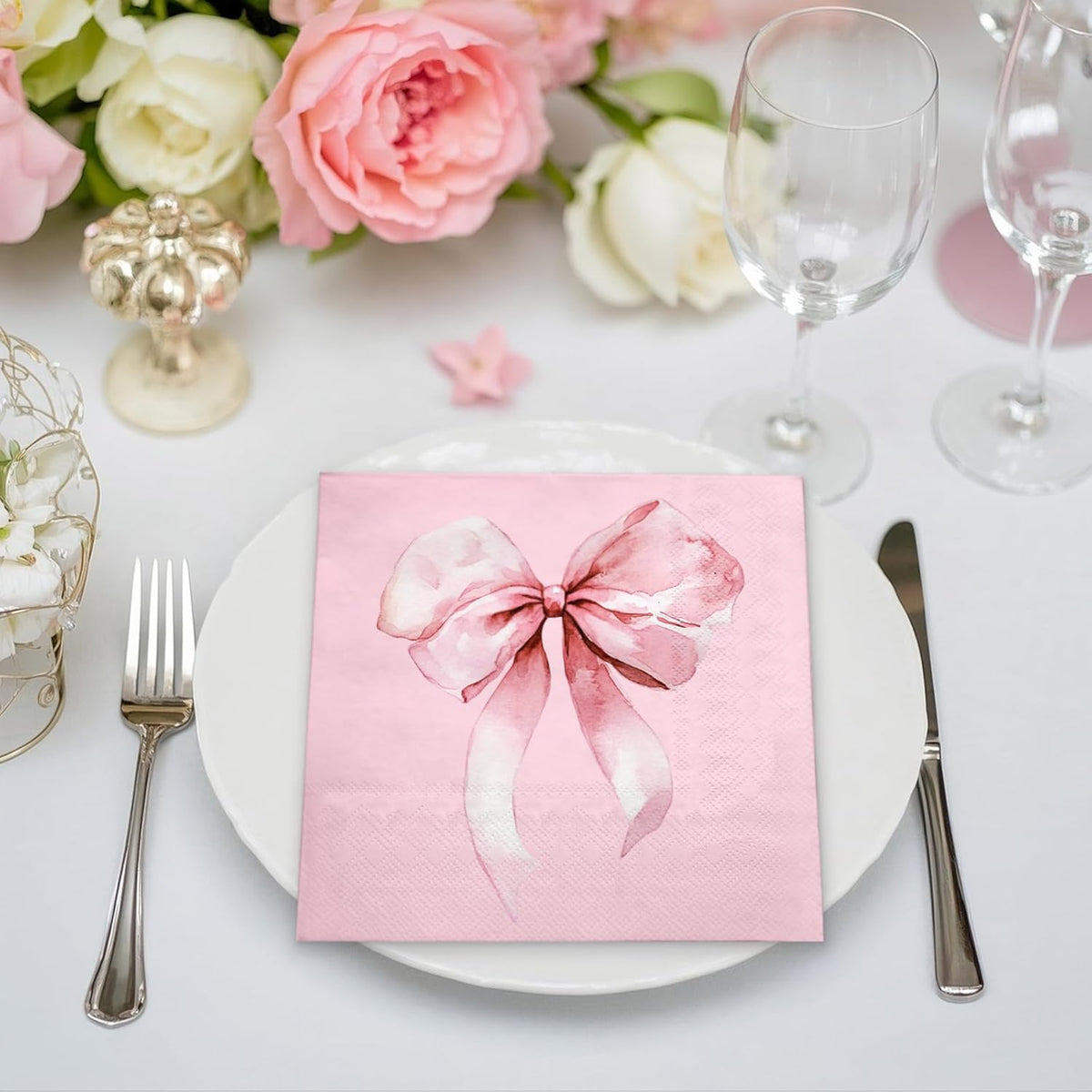 50 Pcs Bow Napkin Paper, 3 Ply Disposable Pink with Cute Bows Deisgn Luncheon Cocktail Dinner Paper Napkins for Baby Girls, 5 x 5 Inch