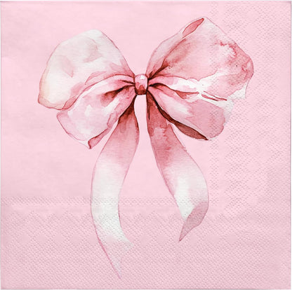 50 Pcs Bow Napkin Paper, 3 Ply Disposable Pink with Cute Bows Deisgn Luncheon Cocktail Dinner Paper Napkins for Baby Girls, 5 x 5 Inch