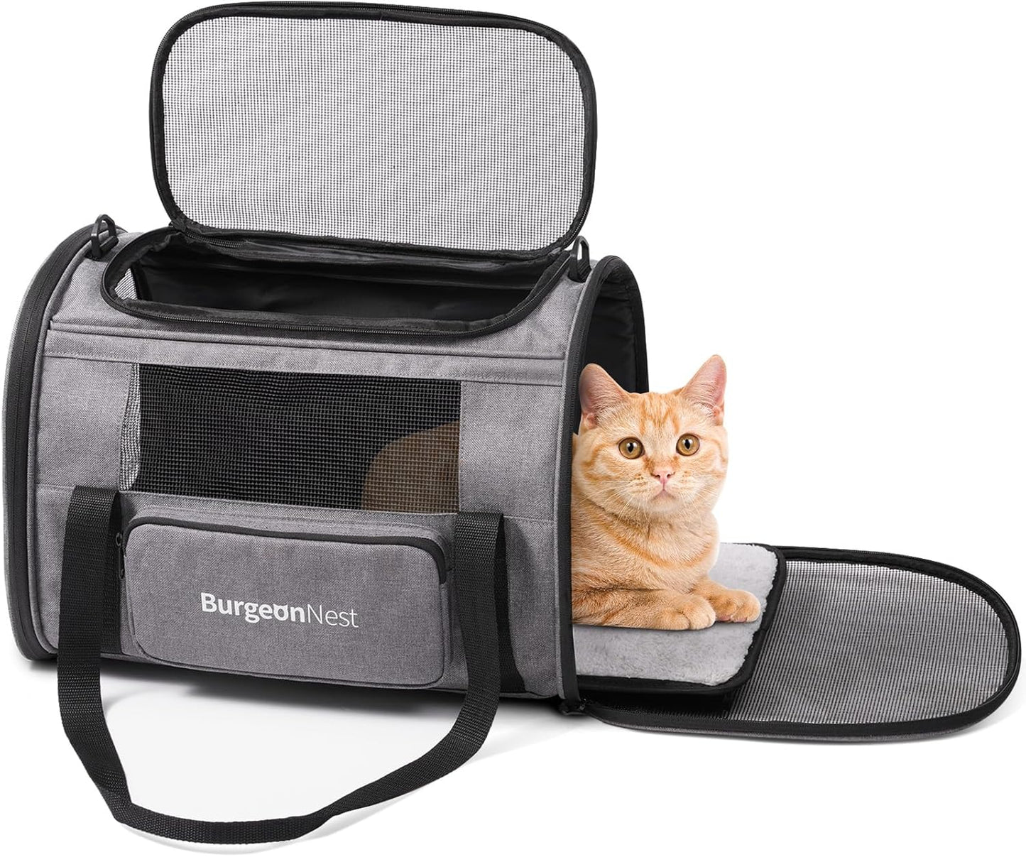 BurgeonNest Pet Carrier for Large Cats, Soft-Sided Cat Carrier for Big Cats and Small Dogs Up to 20 lbs, Top Loading Collapsible Escape-Proof Travel Cat Bag with 4 Mesh Windows & Side Storage, Grey