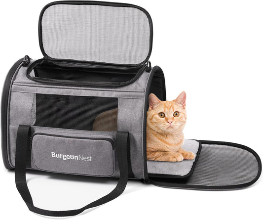 BurgeonNest Pet Carrier for Large Cats, Soft-Sided Cat Carrier for Big Cats and Small Dogs Up to 20 lbs, Top Loading Collapsible Escape-Proof Travel Cat Bag with 4 Mesh Windows & Side Storage, Grey