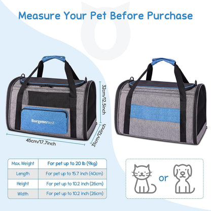 BurgeonNest Pet Carrier for Large Cats, Soft-Sided Cat Carrier for Big Cats and Small Dogs Up to 20 lbs, Top Loading Collapsible Escape-Proof Travel Cat Bag with 4 Mesh Windows & Side Storage, Grey