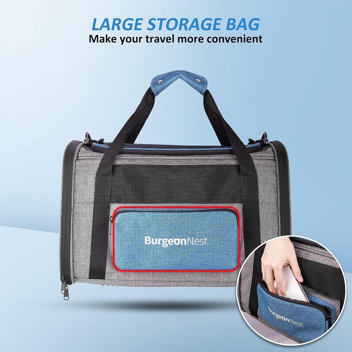 BurgeonNest Pet Carrier for Large Cats, Soft-Sided Cat Carrier for Big Cats and Small Dogs Up to 20 lbs, Top Loading Collapsible Escape-Proof Travel Cat Bag with 4 Mesh Windows & Side Storage, Grey