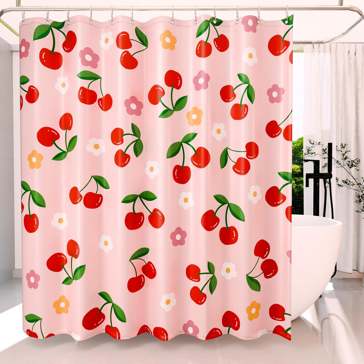 Anybar Fabric Shower Curtain Cute Floral Cherry Curtains Waterproof Soft Polyester Bathroom Curtain- Decorative Washable Privacy Cloth Shower Curtain for Bathroom Hotel (72x72inch) Pink