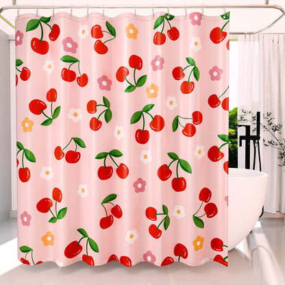 Anybar Fabric Shower Curtain Cute Floral Cherry Curtains Waterproof Soft Polyester Bathroom Curtain- Decorative Washable Privacy Cloth Shower Curtain for Bathroom Hotel (72x72inch) Pink