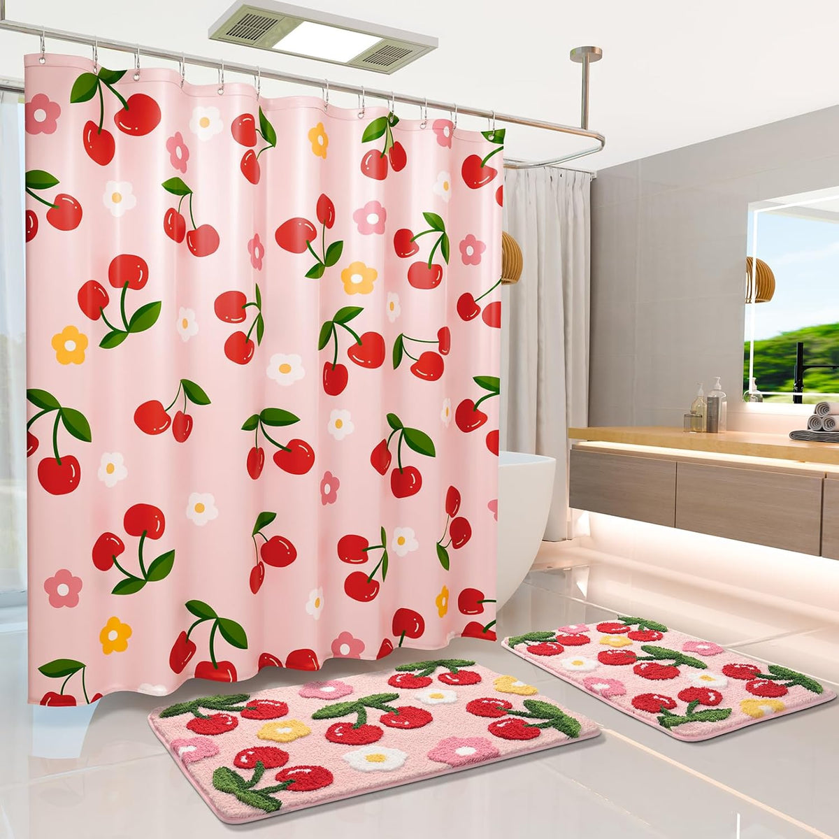 Anybar Fabric Shower Curtain Cute Floral Cherry Curtains Waterproof Soft Polyester Bathroom Curtain- Decorative Washable Privacy Cloth Shower Curtain for Bathroom Hotel (72x72inch) Pink