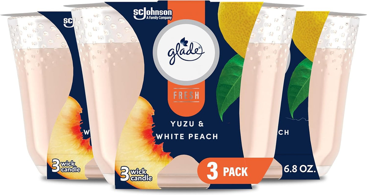 3-Wick Scented Candle Jar, Yuzu & White Peach, Air Freshener Infused with Essential Oils, 6.8 Oz, 3 Count