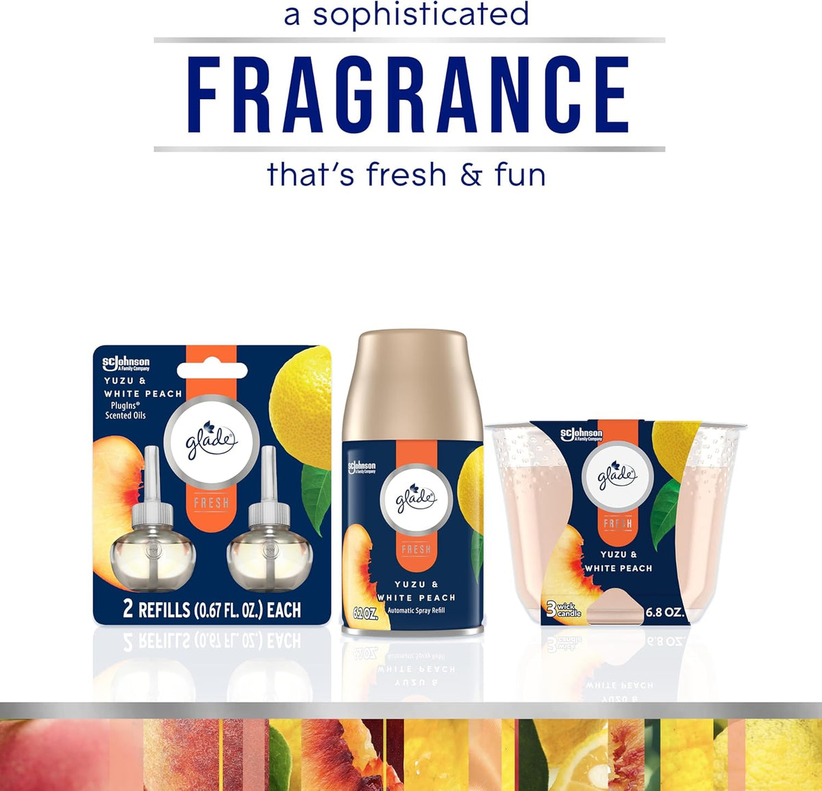 3-Wick Scented Candle Jar, Yuzu & White Peach, Air Freshener Infused with Essential Oils, 6.8 Oz, 3 Count