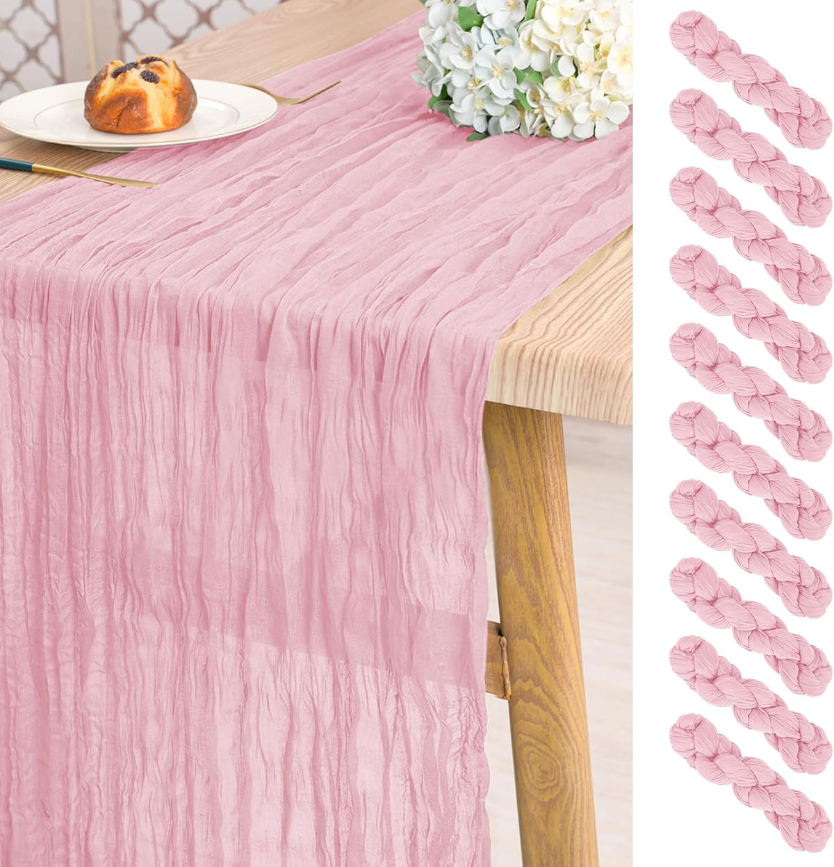 10 Pack Light Pink Cheesecloth Table Runner Long,21.5 x 120 Inch