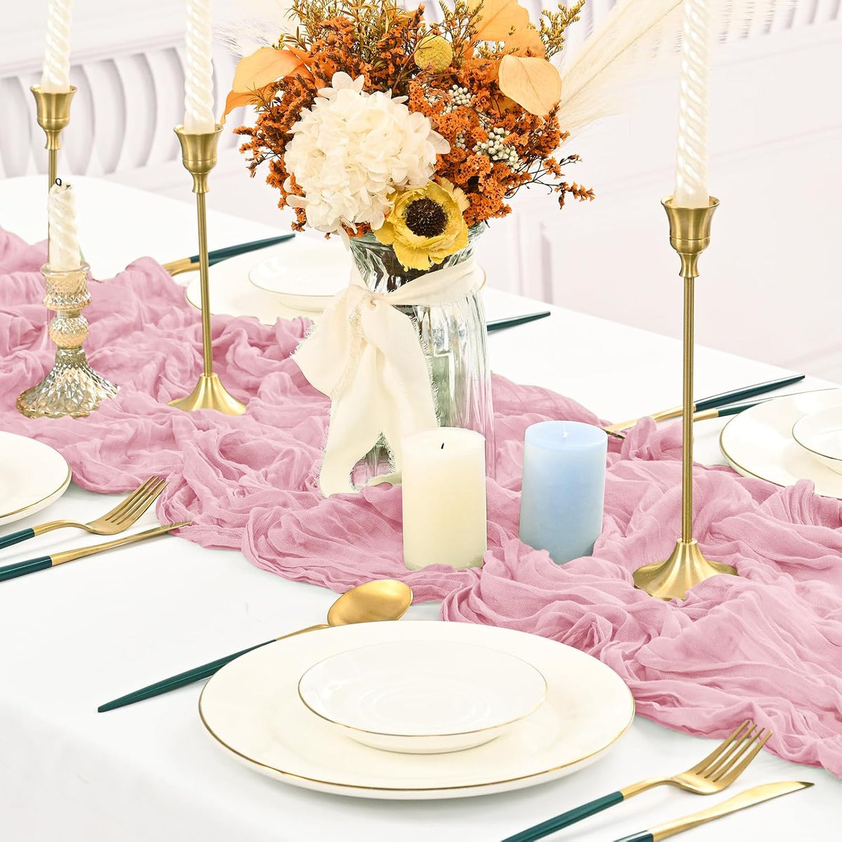 10 Pack Light Pink Cheesecloth Table Runner Long,21.5 x 120 Inch
