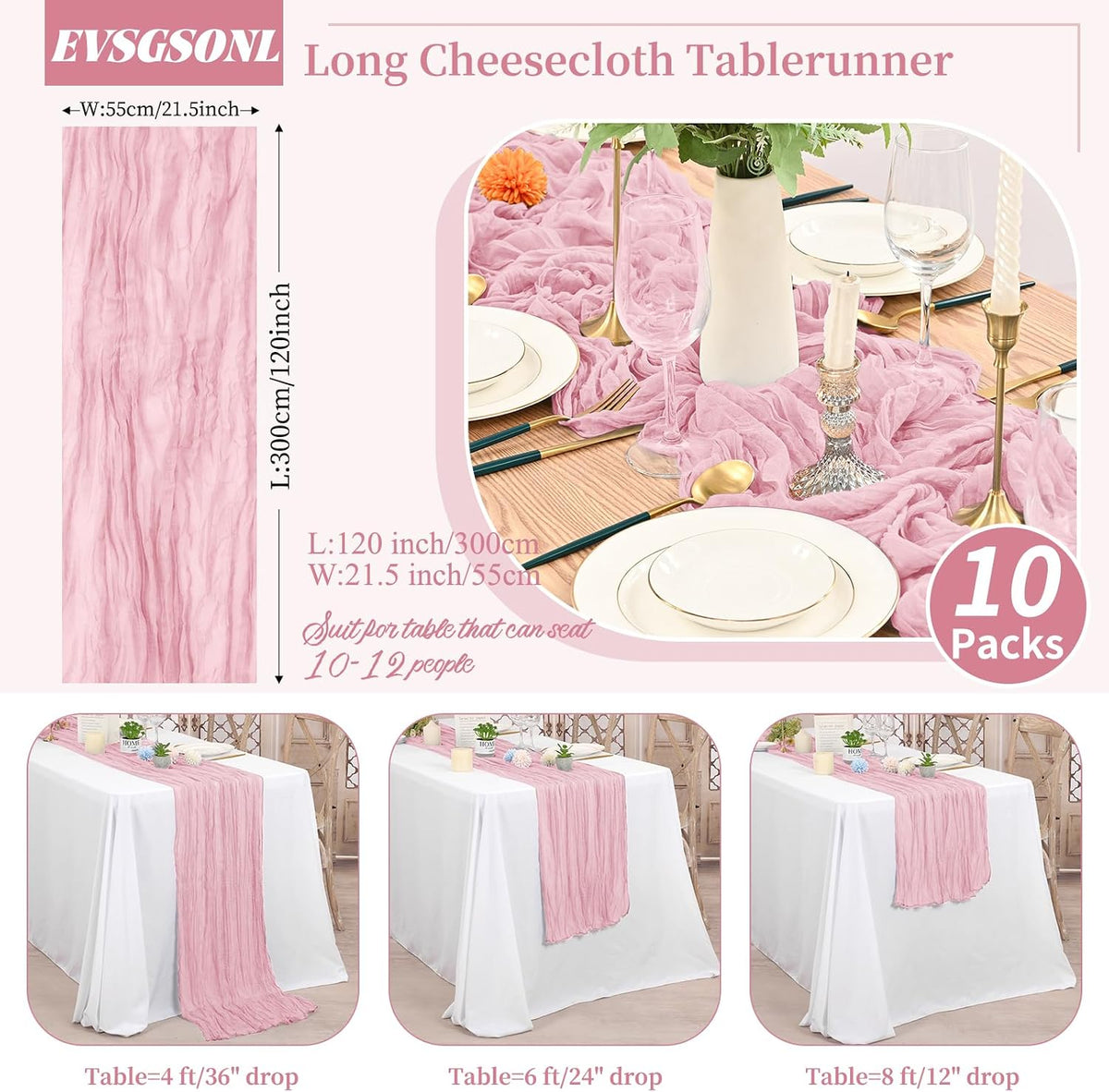 10 Pack Light Pink Cheesecloth Table Runner Long,21.5 x 120 Inch