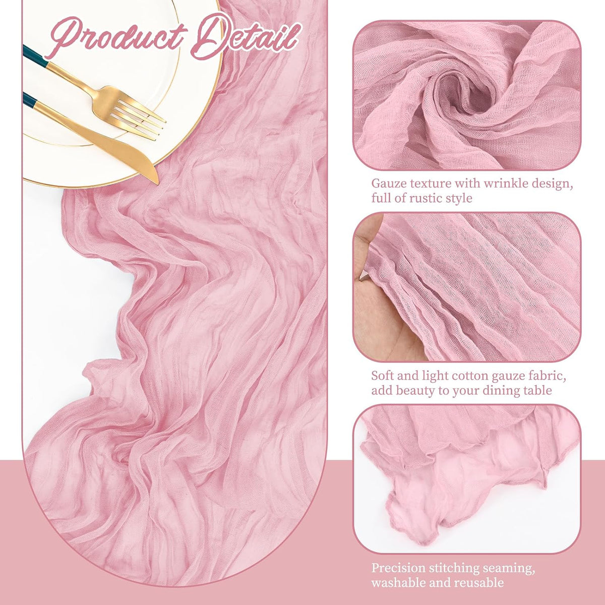 10 Pack Light Pink Cheesecloth Table Runner Long,21.5 x 120 Inch