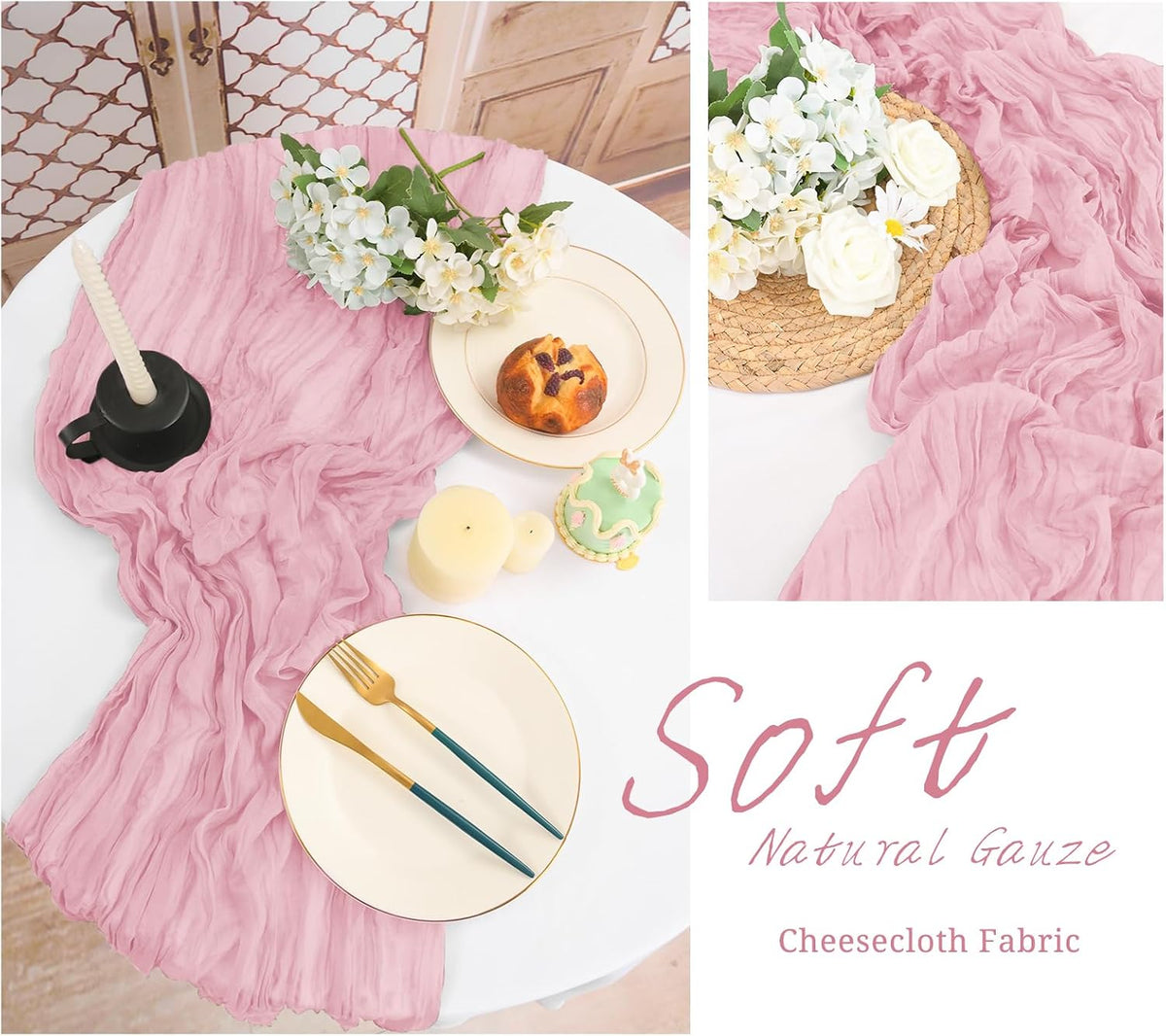 10 Pack Light Pink Cheesecloth Table Runner Long,21.5 x 120 Inch