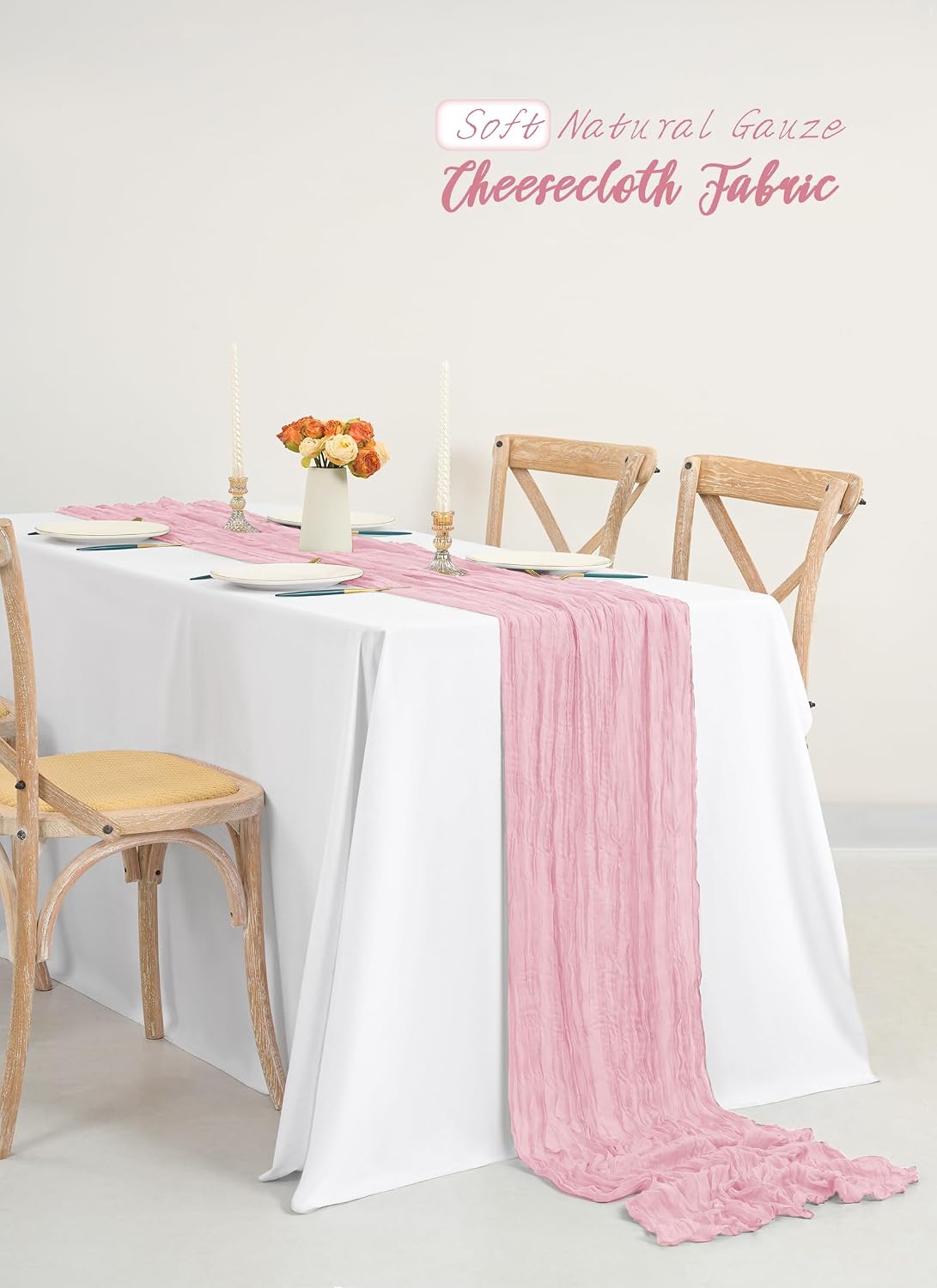 10 Pack Light Pink Cheesecloth Table Runner Long,21.5 x 120 Inch