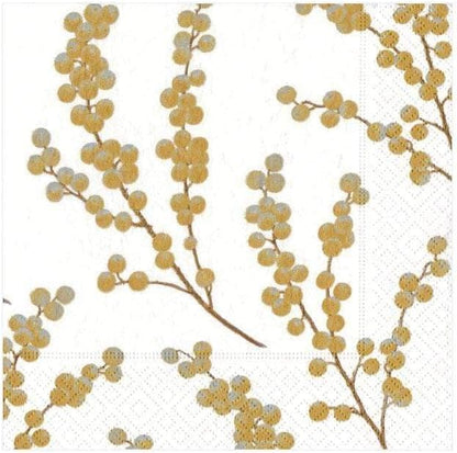 Entertaining with Caspari Berry Branches Paper Cocktail Napkin, White and Gold, Pack of 20