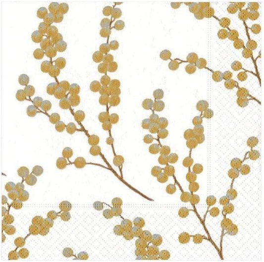Entertaining with Caspari Berry Branches Paper Cocktail Napkin, White and Gold, Pack of 20
