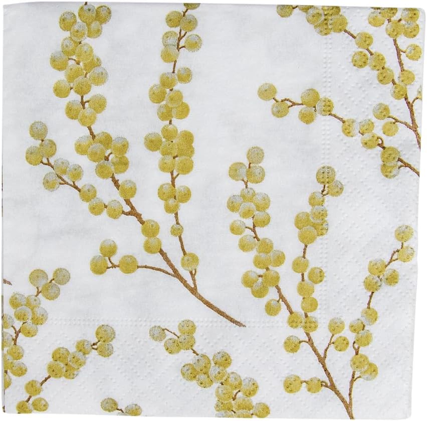 Entertaining with Caspari Berry Branches Paper Cocktail Napkin, White and Gold, Pack of 20
