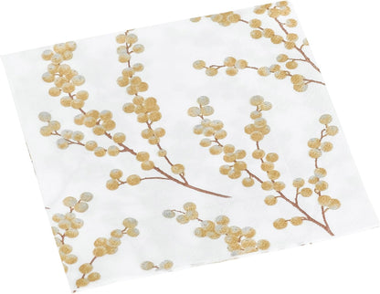 Entertaining with Caspari Berry Branches Paper Cocktail Napkin, White and Gold, Pack of 20