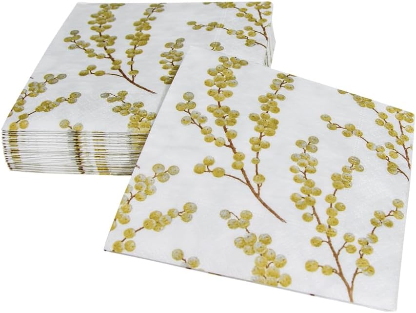 Entertaining with Caspari Berry Branches Paper Cocktail Napkin, White and Gold, Pack of 20