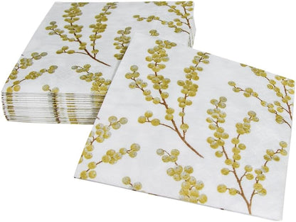 Entertaining with Caspari Berry Branches Paper Cocktail Napkin, White and Gold, Pack of 20