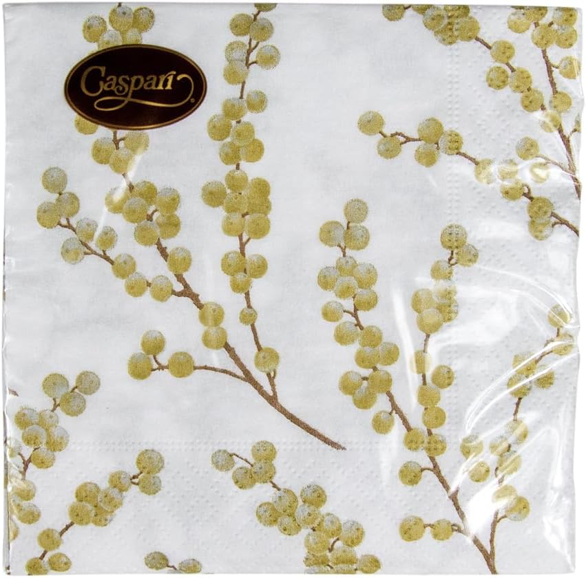Entertaining with Caspari Berry Branches Paper Cocktail Napkin, White and Gold, Pack of 20