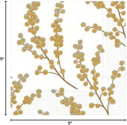 Entertaining with Caspari Berry Branches Paper Cocktail Napkin, White and Gold, Pack of 20
