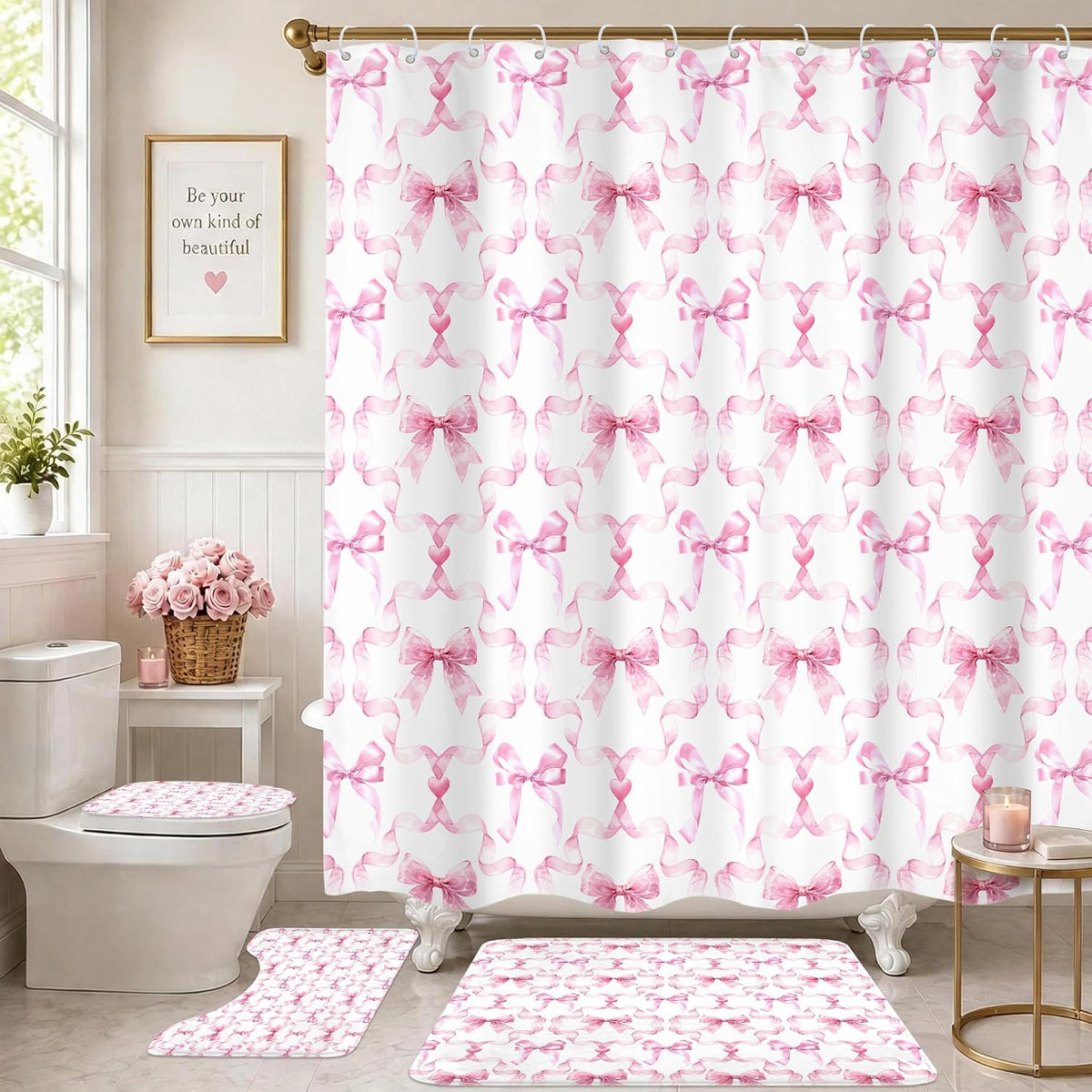 Pink Bow Retro Coquette Preppy 4Pcs Bathroom Shower Curtain Set with Rugs