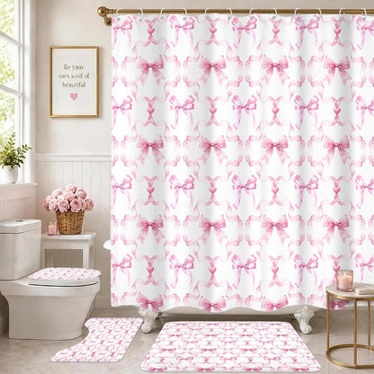 Pink Bow Retro Coquette Preppy 4Pcs Bathroom Shower Curtain Set with Rugs
