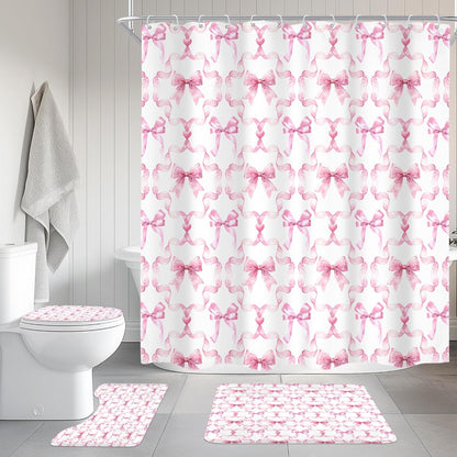 Pink Bow Retro Coquette Preppy 4Pcs Bathroom Shower Curtain Set with Rugs