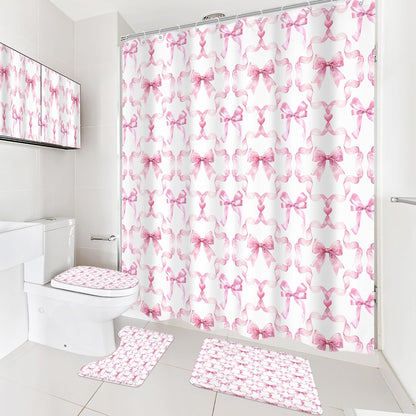 Pink Bow Retro Coquette Preppy 4Pcs Bathroom Shower Curtain Set with Rugs