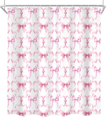 Pink Bow Retro Coquette Preppy 4Pcs Bathroom Shower Curtain Set with Rugs