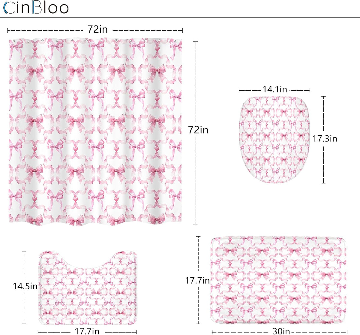 Pink Bow Retro Coquette Preppy 4Pcs Bathroom Shower Curtain Set with Rugs